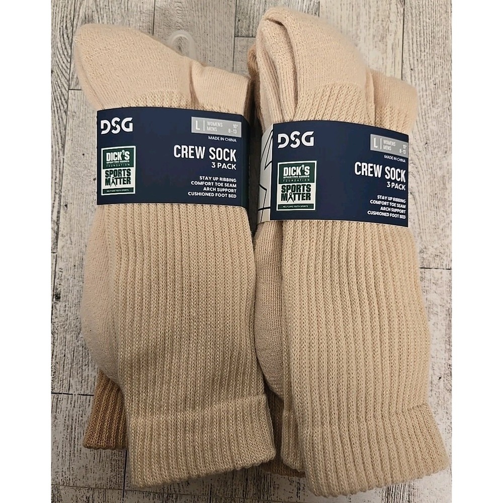 Crew Socks LARGE Unisex Arch Support 3pk Cushioned Footbed Beige Brown Lot of 2